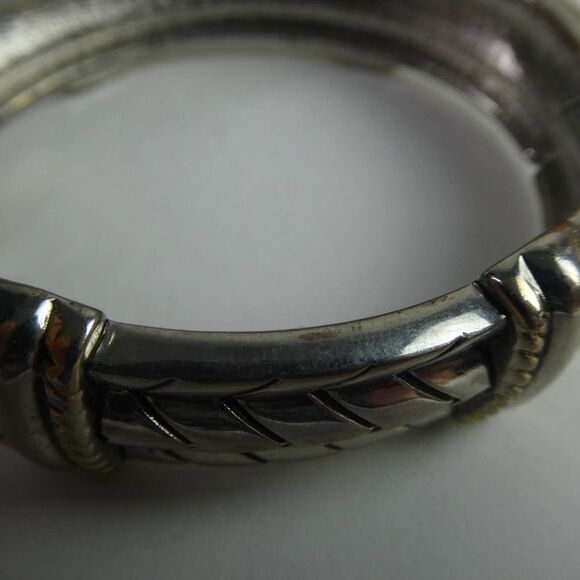 Two Tone Gold Silver Hinged Bangle Bracelet Clear Rhinestone Detailed Solid - Picture 8 of 8